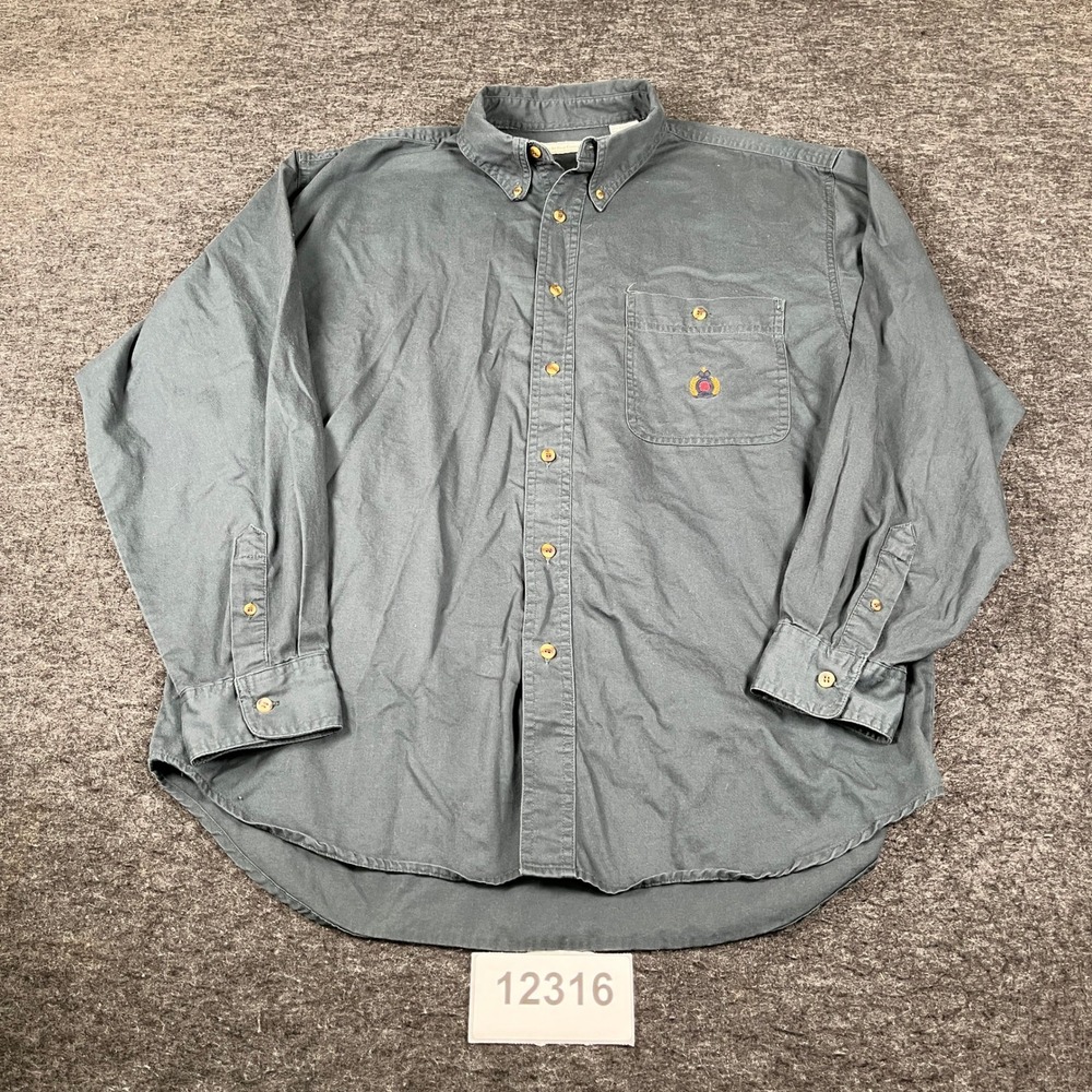 Vintage Bugle Boy Company Mens Large Gray Green Cotton Button Down Shirt Crest L